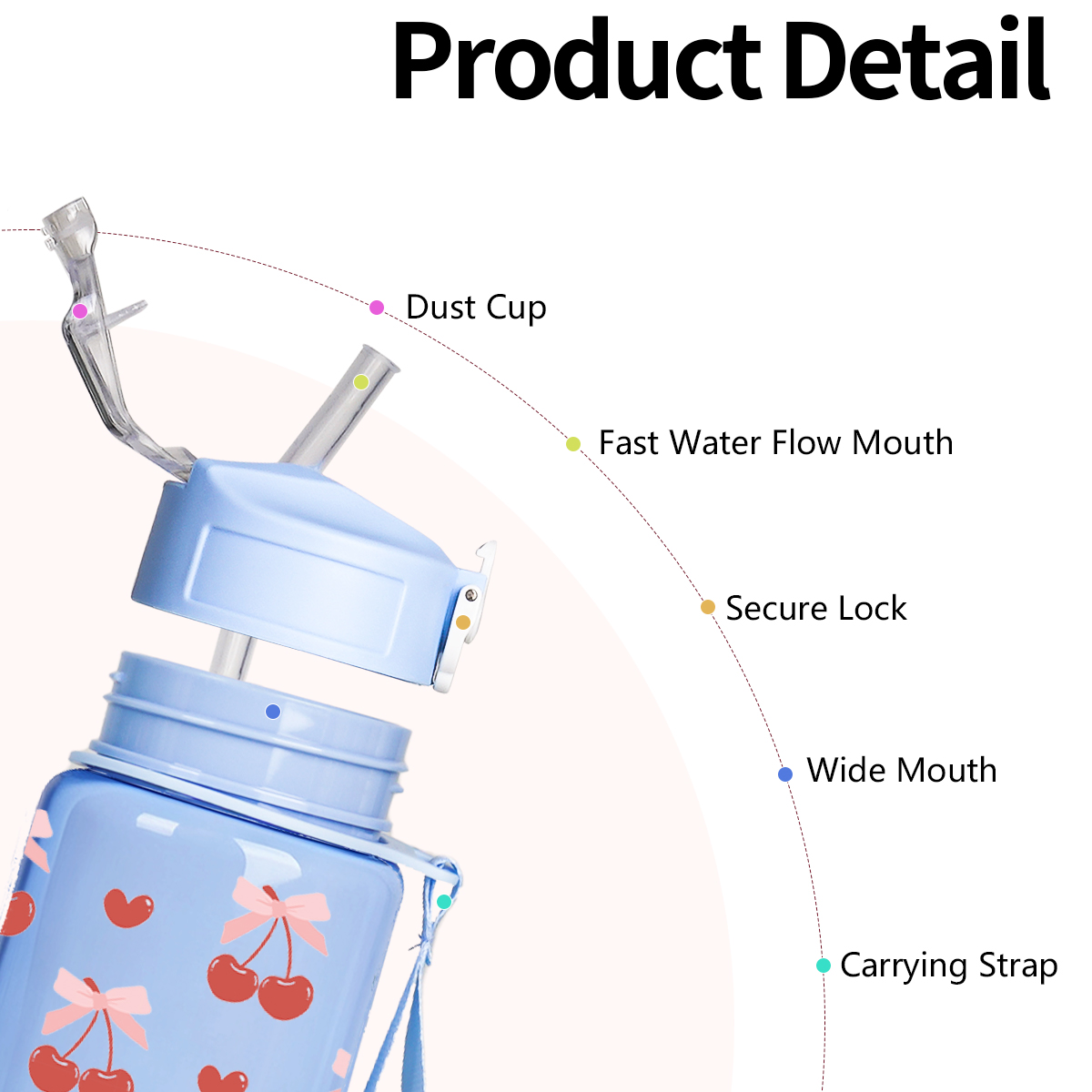 귀여운 체리 프린트 플라스틱 물병, 뚜껑이 있는 플립  - Sports Equipment Types 리뷰 및 가격
